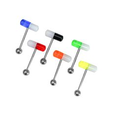 three different colors of surgical steel barbells