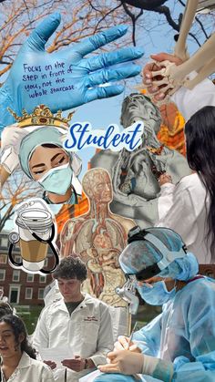 the collage shows people in medical garb and blue gloves, holding hands up to each other