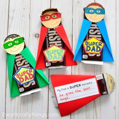 paper crafts for father's day are super dads and superheros made out of candy bar wrappers