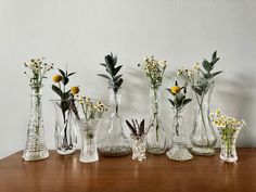 there are many vases that have flowers in them on the table and one is empty