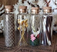 three glass bottles filled with different types of flowers