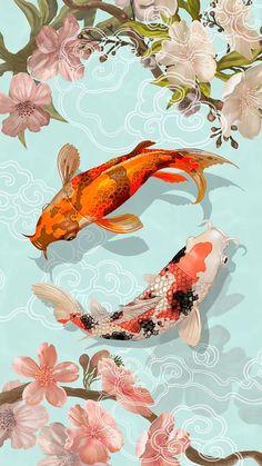 two koi fish swimming next to each other on a blue and pink background with flowers