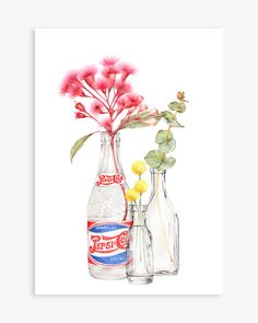 two bottles with flowers in them on a white background