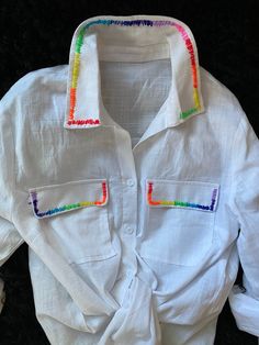 hand embroidered cotton/linen blend button down rainbow stitch detail around neck line and pockets Embroidered Rainbow, Womens Blouses, Embroidery On Clothes, Upcycled Fashion, Embroidered Clothes, Embroidery Fashion, Embroidered Shirt, Upcycle Clothes, Sewing Clothes