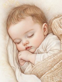 a drawing of a baby sleeping on a blanket with his head resting on his hands