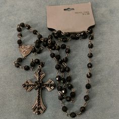 This Is A Lovely Silvertone And Glittering Black Bead Rosary That Was Sold By Target As A Necklace. I'm Going To Restrain Myself From Giving My Speech About Sacramentals And Using A Rosary As A Necklace (And The Theologian And Catholic). A Friend Gave These To Me And They Could Be Used As A Necklace As Target Intended (See The Tag) Or As A Beautiful Rosary To Pray With. A Friend Pass These On To Me And I Would Like To Sell Them In Support Of Our Ministries. Emo Cross Necklace, Grunge Rosary Necklace, Sirius Black Jewelry, Cross Necklace Goth, Trad Goth Jewelry, Trad Goth Accessories, Gothic Beaded Jewelry, Goth Rosary, Gothic Rosary