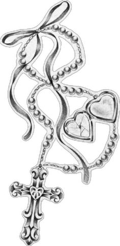 a cross with two hearts and a heart shaped object hanging from it's side