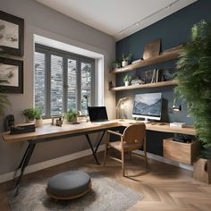 a home office with desk, chair and computer on top of the desk in front of a window