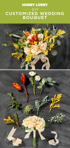 flowers and ribbons are arranged in the shape of arrows on a black background with text that reads, happy lory diy wedding bouquet