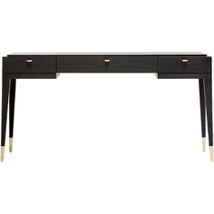 a black and gold desk with two drawers on one side, an open drawer at the top