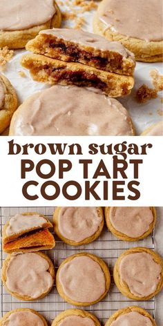 brown sugar pop tart cookies on a cooling rack with the words, brown sugar pop tart cookies