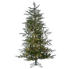 a small christmas tree with lights on it's branches and stand in front of a white background