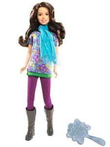 the doll is wearing purple pants and boots