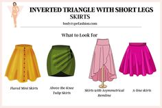 four different types of skirts with the words inverted triangle whisort legs, and what to look for