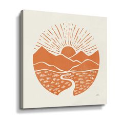 an orange and white painting with mountains in the background, on a canvas wall art print