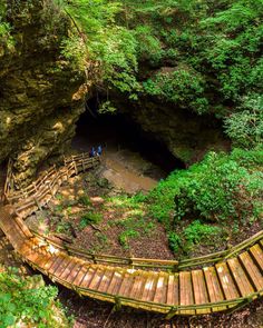 a wooden walkway leading to a cave in the woods