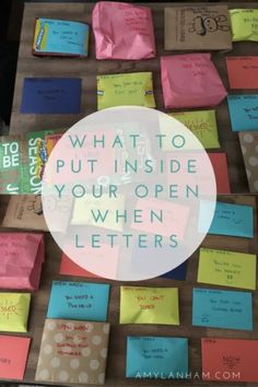 bulletin board with post it notes and the words what to put inside your open letters