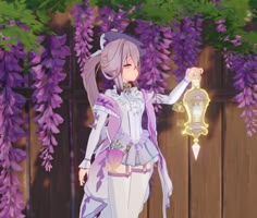 an anime character is standing in front of purple flowers and holding a light up with her hand