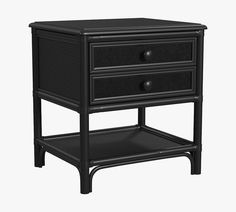 a black night stand with two drawers on each side and an open drawer underneath it