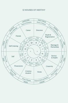 a circular diagram with the 12 houses of destiny written in blue ink on white paper