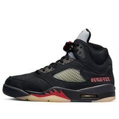 The Air Jordan 5 GORETEX 'OffNoir' is a stylish sneaker perfect for any activity. It features a black and red colorway with a 3M reflective silver tongue, a “23” and “Gore-Tex” branding on the side, and a semi-transparent outsole that has been aged to perfection. The Gore-Tex technology ensures that your feet stay dry and comfortable. This sneaker is inspired by the classic Air Jordan 5 silhouette and is part of the GORETEX series. It is the perfect sneaker for any woman looking for a stylish and comfortable sneaker. (AJ5/SNKR/Retro/Women's/High Top/Basketball/Water Proof) Jordan 5 Goretex Outfit, Functional Black High-top Sneakers With Boost Midsole, Black Functional High-top Sneakers With Boost Midsole, Black Custom Sneakers With Boost Midsole For Outdoor, Black Mid-top Custom Sneakers For Outdoor, Black High-top Sneakers With Branded Insole For Outdoor, Black Breathable High-top Sneakers For Outdoor Activities, Black High-top Sneakers With Red Sole For Sports, Sporty Black High-top Sneakers With Red Sole