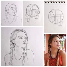 four different drawings of women with braids