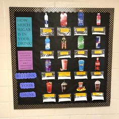 a bulletin board with different types of drinks on it