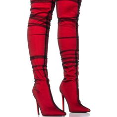 This Season’s “It Shoe” Is The Azalea Wang Transparent Illusions " Red Tulle Covered Boot. The Iconic Thigh High Boot Gets A Modern Upgrade With A Tulle Mesh Overlay, A Stretch Textile Base, And A Pointed Toe Silhouette. Complete With An Elasticated Shaft For A Secure Fit, A Pull-On Fit And A Slim Stiletto Heel. Style With Your Best Little Black Dress For A Stunning Look. - Textile Upper - Thigh High Shaft - Stiletto Heel - Pointed Toe - 21” Shaft Height - 5” Heel Height - 10” Calf Circumference Winter Party Heels With Red Sole, Red Fitted Elegant Boots, Red Evening Heels For Fall, Fitted Red Elegant Boots, Elegant Fitted Red Boots, Elegant Spring Boots With Red Sole, Red Sole Heels For Night Out In Fall, Red Glamorous Boots, Glamorous Red Boots