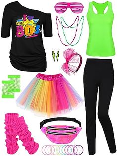 a woman wearing neon colored clothing and accessories