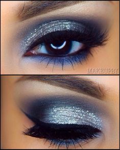 Midnight Blue Prom Makeup, Navy Blue And Silver Eye Makeup, Royal Blue And Silver Makeup Looks, Make Up Bleu, Blue Bridal Makeup, Makeup For Royal Blue Dress, Blue And Silver Makeup Looks, Blue And Silver Eye Makeup, Makeup To Go With Blue Dress