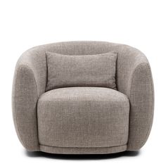 a grey chair with a pillow on it's back and seat upholstered