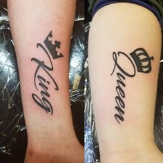 two tattoos that say queen and crown on their arms