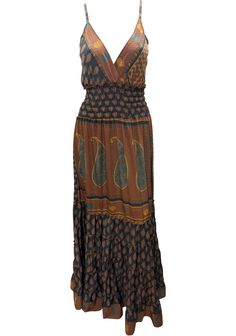 Material: Rayon Bust: 44'' Length: 54'' - Boho -  V neckline - maxi long dress - Flowy - Elasticated waist   - Ruffle seams  - Spaghetti Strapes - Ruffle hem - Abstract/paisley prints - Retro chic - Spring/ summer festival MADE FROM RECYCLED SARI FABRIC RJ19 Vintage Brown Maxi Dress For Beach, Brown Bohemian Floor-length Maxi Dress, Bohemian Brown Floor-length Maxi Dress, Abstract Paisley, Paisley Print Dress, Dress Flowy, Sari Fabric, Maxi Robes, Summer Festival