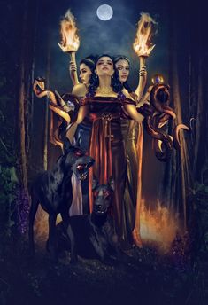 three women holding torches in their hands and two dogs standing next to them, with the moon behind them