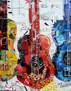 an abstract painting with guitar strings and music notes