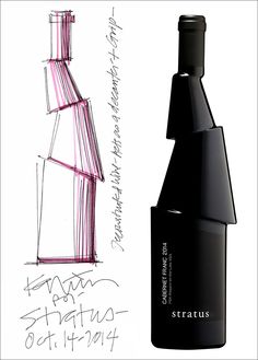 a drawing of a black bottle next to a drawing of a pink vase