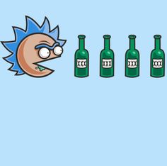 cartoon character with six bottles in front of him, and the bottle has an expression on his face