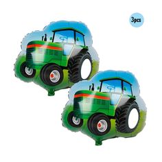 two green and red tractor shaped balloons with the words 3x5 printed on them