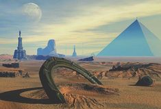 an artist's rendering of the egyptian pyramids and their tires in desert land