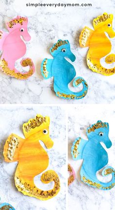 three different seahorses made out of wood and glitter