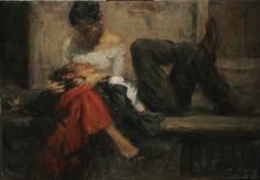 a painting of two people sitting next to each other