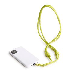 a cell phone is connected to a yellow lanyard with a white case on it