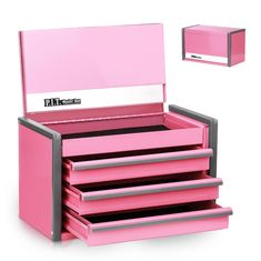 a pink jewelry box with five drawers and two mirrors on the top, in front of a white background