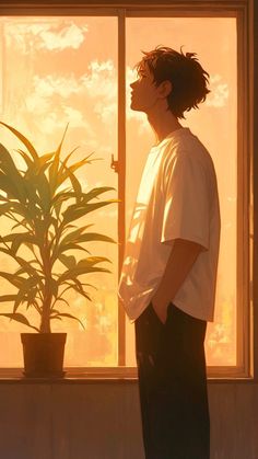 a man standing in front of a window next to a potted plant and looking out the window