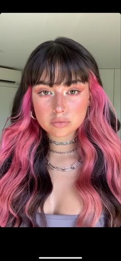 Colored Front Hair Streaks, Dyed Crown Of Hair, Underhair Dye With Bangs, Not Boring Brown Hair, Pink Front Highlights, Lilac Hair With Bangs, Partial Peekaboo Highlights, Half Pink And Black Hair, Black Hair Pink Peekaboo