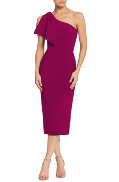 An elegant one-shoulder neckline and figure-hugging silhouette style a sophisticated midi dress with two panels that cascade over the single shoulder. 44" length (size Medium) One-shoulder neck Sleeveless Lined 97% polyester, 3% spandex Dry clean or machine wash, line dry Imported Formal Wedding Guest Dress, Magenta Dress, Dark Magenta, One Shoulder Midi Dress, Fall Wedding Guest Dress, Guest Attire, Dress The Population, Guest Outfit, Fashion Colours