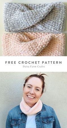 three different knitted scarves with the text free crochet pattern on them