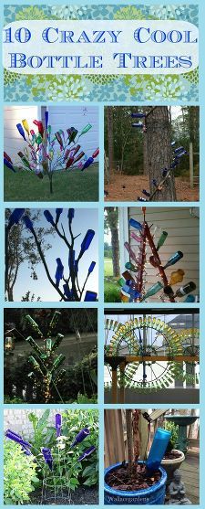 the cover of 10 crazy cool bottle tree ideas for your garden or yard, with pictures of bottles in them