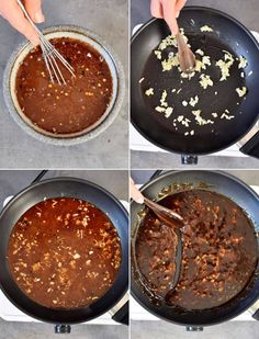 four pictures showing how to make an enchilada sauce in a skillet