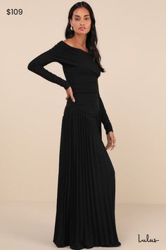 You'll exude effortless elegance no matter the occasion in the Lioness Field of Dreams Black Pleated Off-the-Shoulder Maxi Dress! Lightly textured, stretchy jersey knit shapes this iconic dress with an off-the-shoulder neckline and a fold-over detail that boasts ruching at the shoulders, framed by long sleeves. The figure-skimming silhouette features more ruching at the sides before falling to a pleated maxi skirt with a drop waist design. Fit: This garment fits true to size. Length: Floor lengt Puff Sleeve Maxi Dress, Black Pleated Dress, Field Of Dreams, Iconic Dresses, Pleated Maxi Skirt, Pleated Maxi, Dropwaist Dress, Effortless Elegance, Maxi Dresses Casual